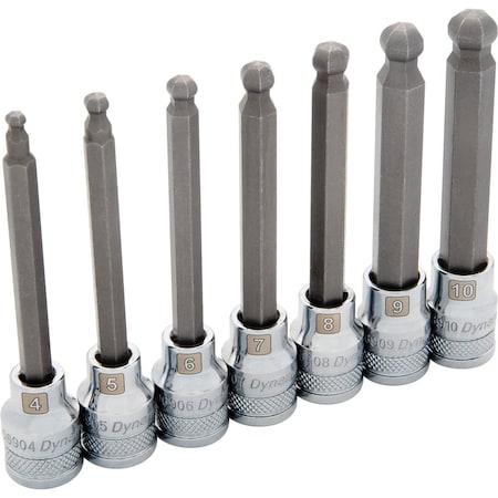Dynamic Tools 3/8"Dr 7Pcs Metric, Long Ball Nose, Hex Socket Set, 4mm -10mm D010025